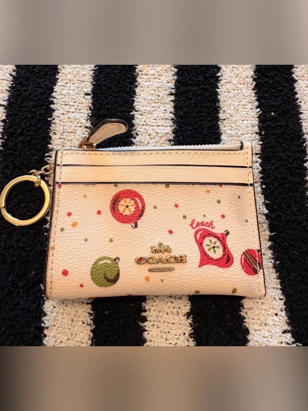 Coach Cream Card Case with Pink and Green christmas ornaments